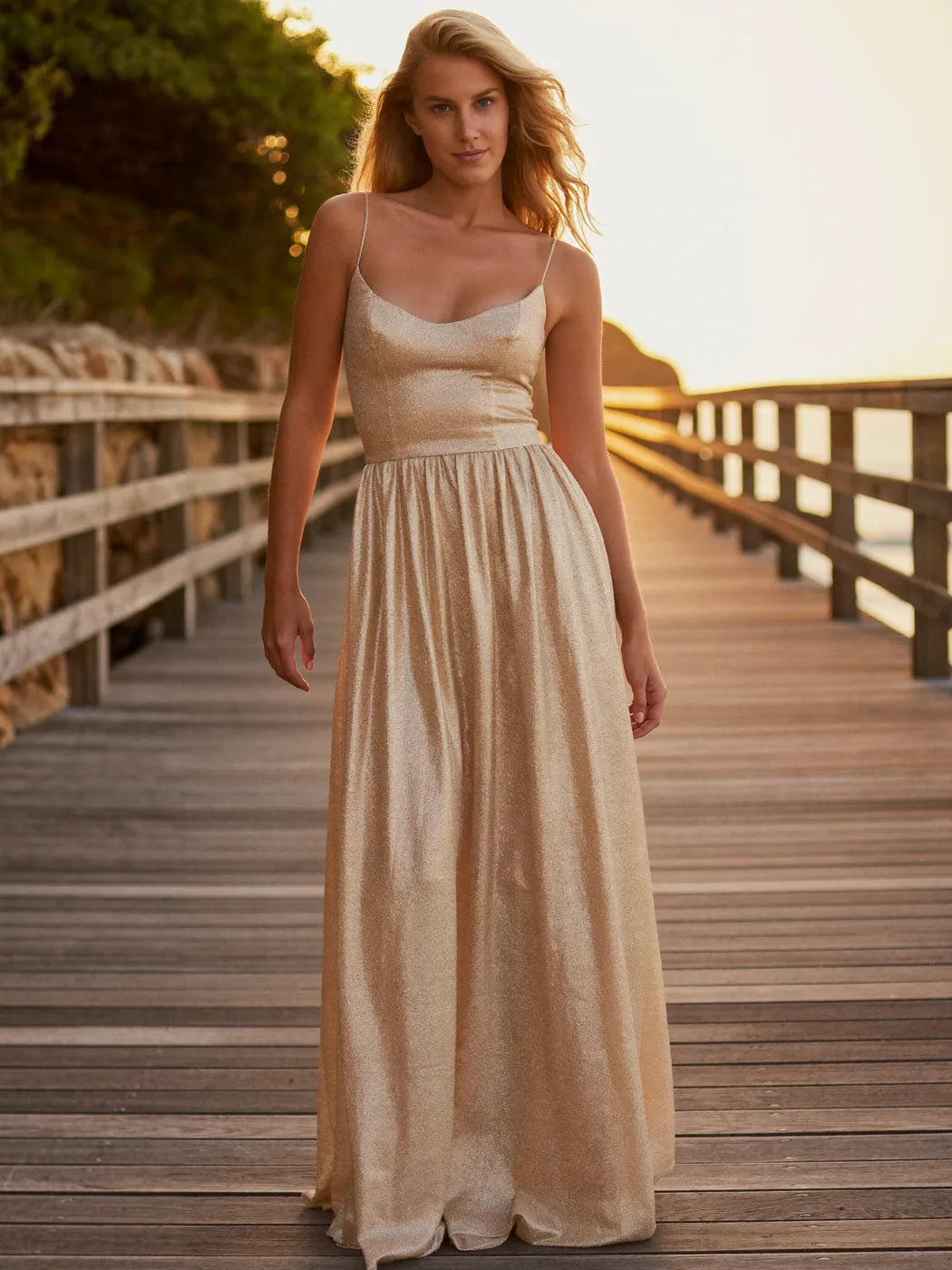 Matilda Luminous Champagne Shimmer Pleated Maxi Dress