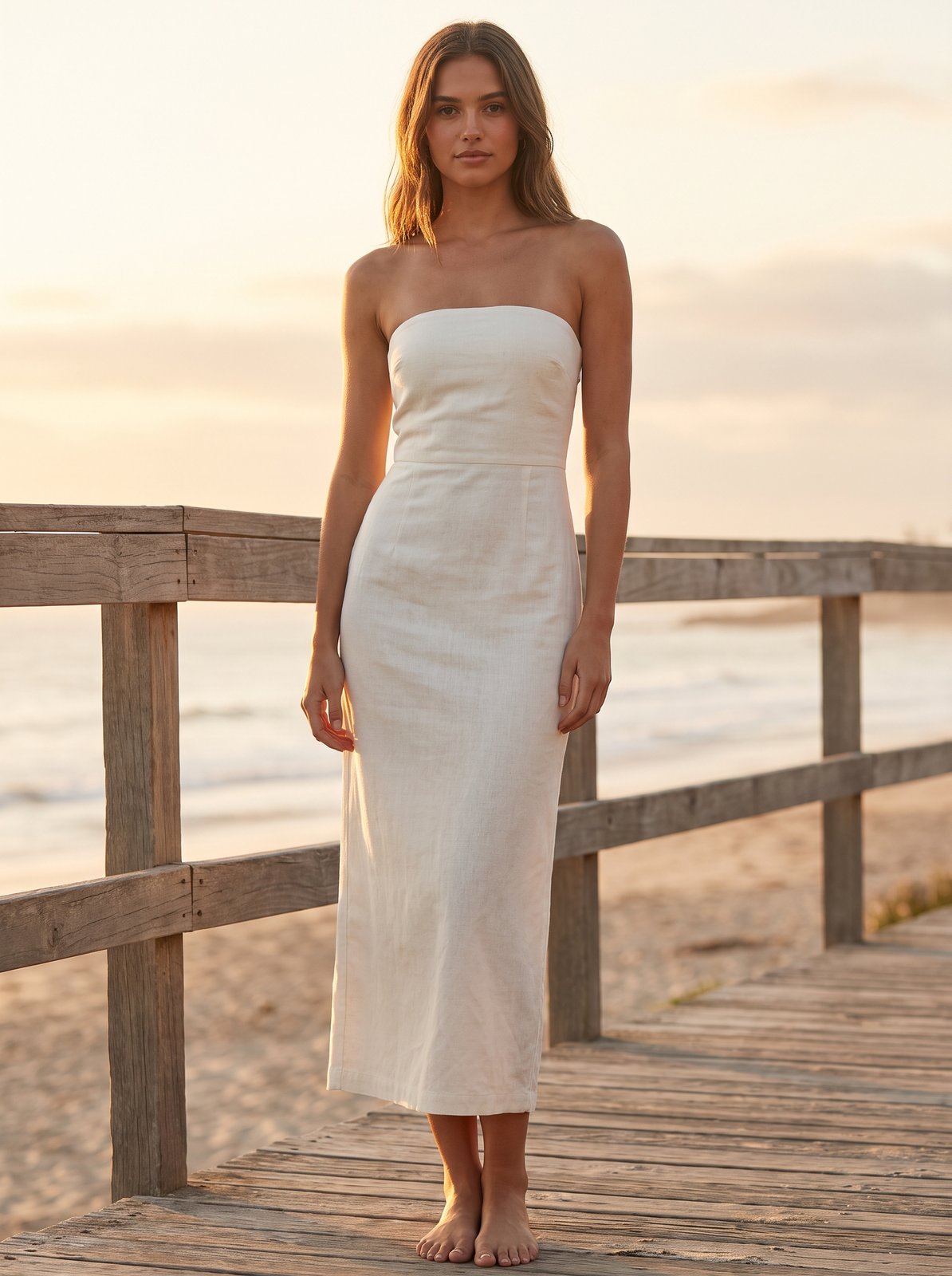 Ivory linen strapless midi dress by Riley Belle
