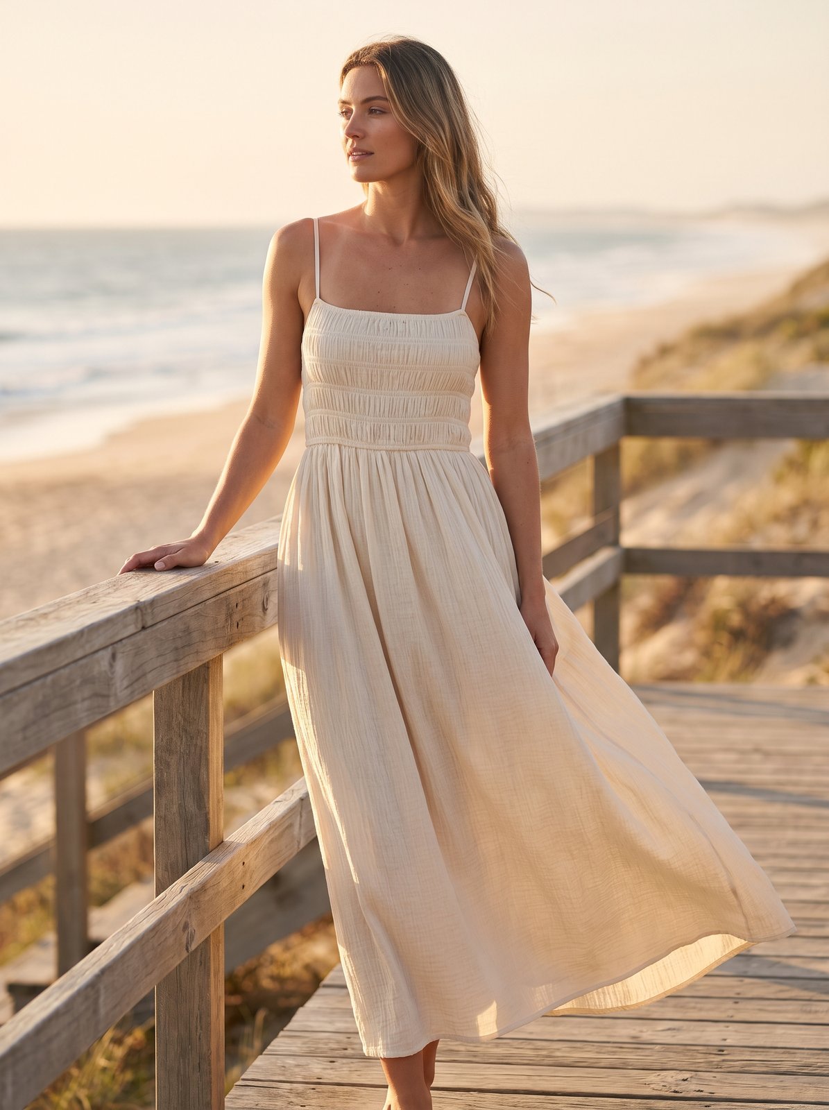 Cream shirred summer maxi dress by Riley Belle