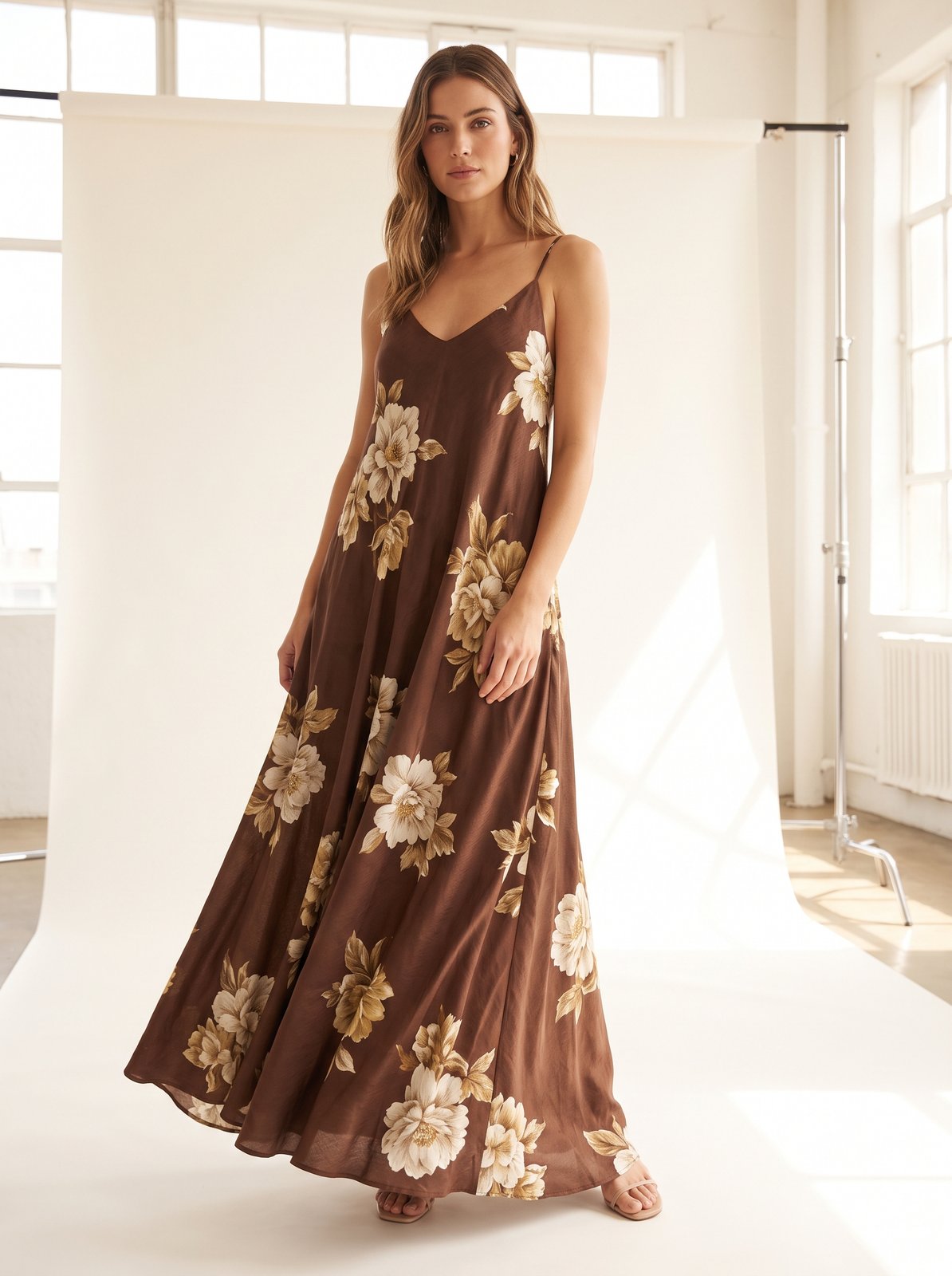 Chocolate floral strapless wedding guest maxi dress by Riley Belle