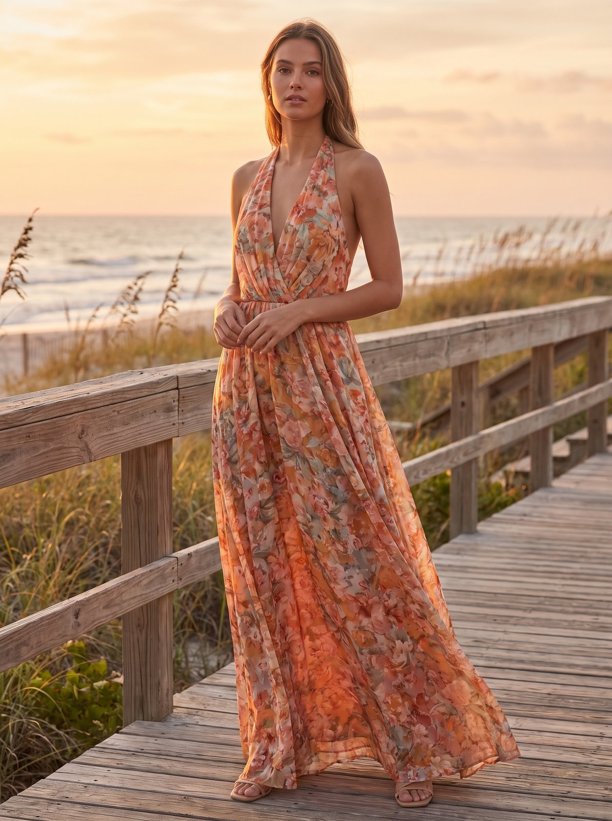 Floral print plunge halter maxi dress by Riley Belle