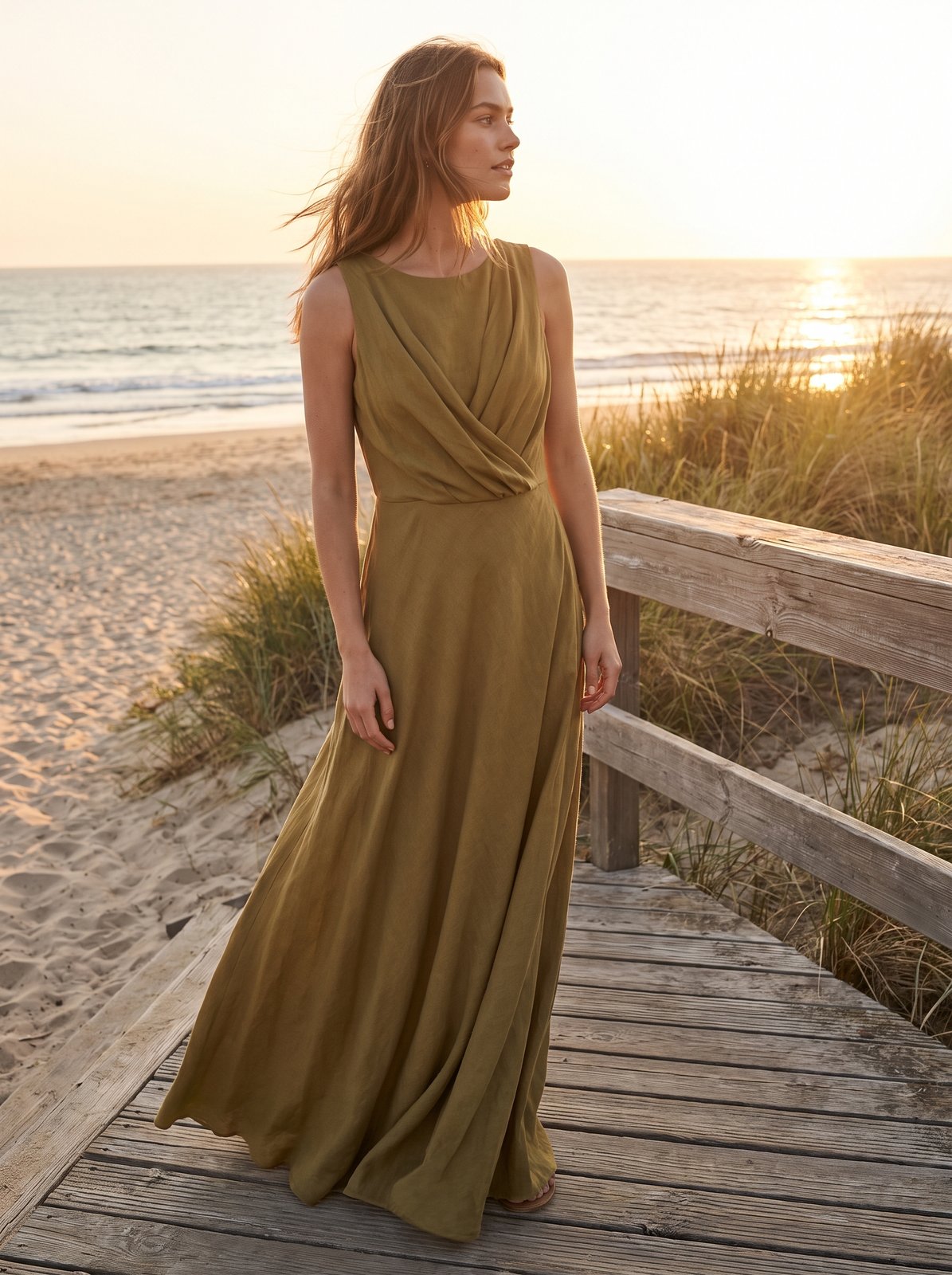 Olive green draped wedding guest maxi dress by Riley Belle