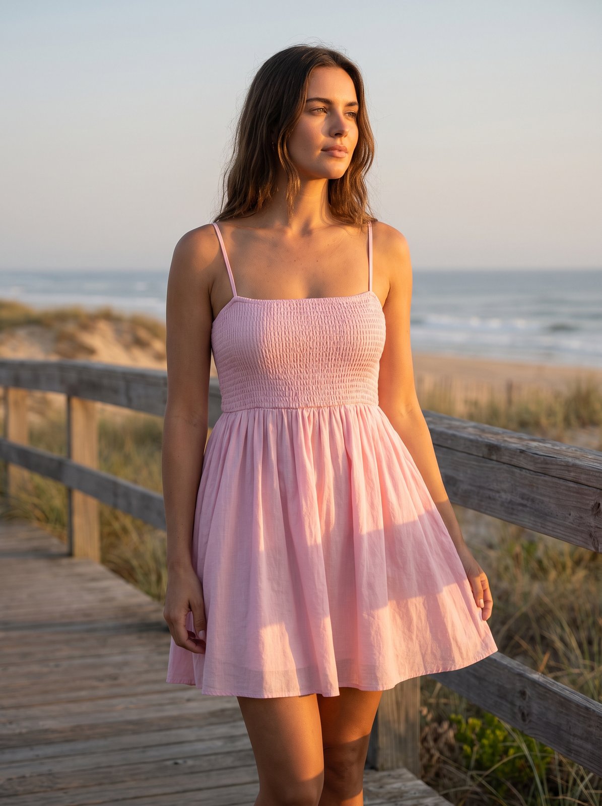 Pink shirred summer mini dress by Riley Belle