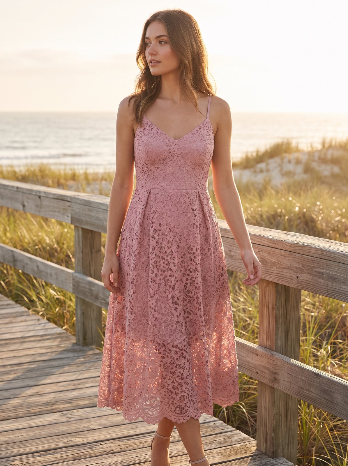 Dusty pink lace wedding guest midi dress by Riley Belle