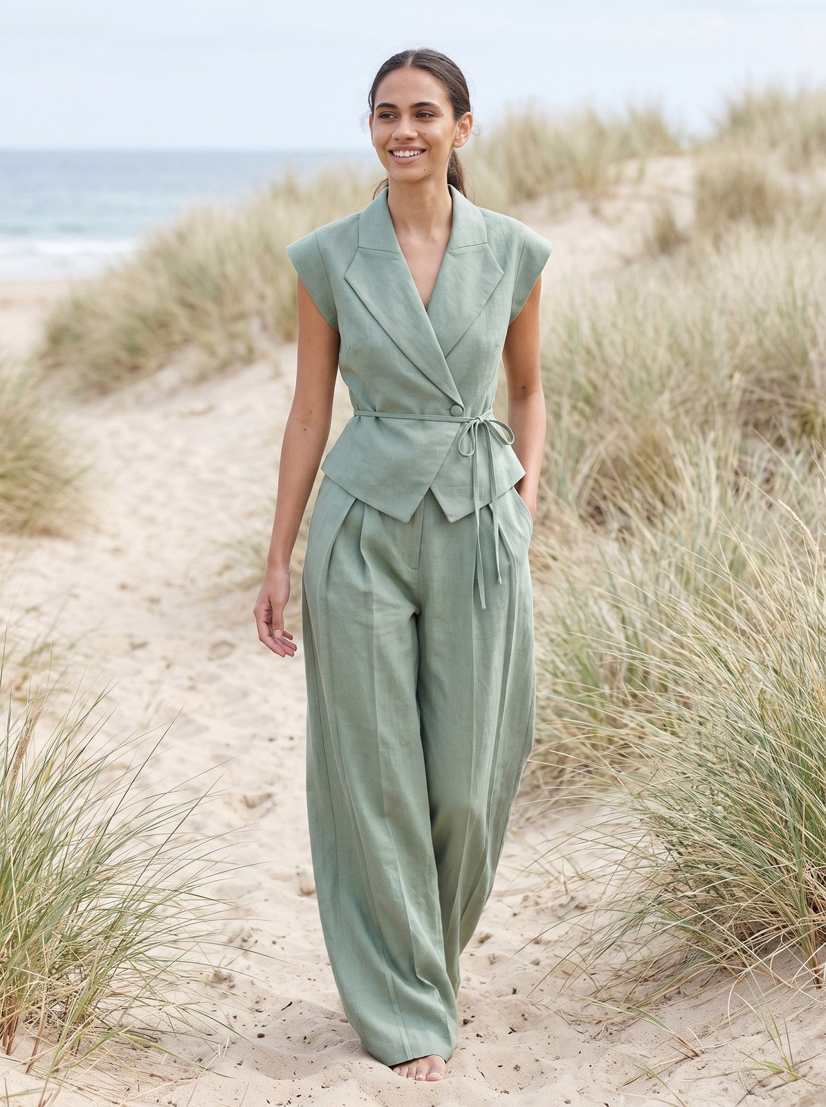 Peach Breezy Sage Green Linen Wide Leg Pants by Riley Belle