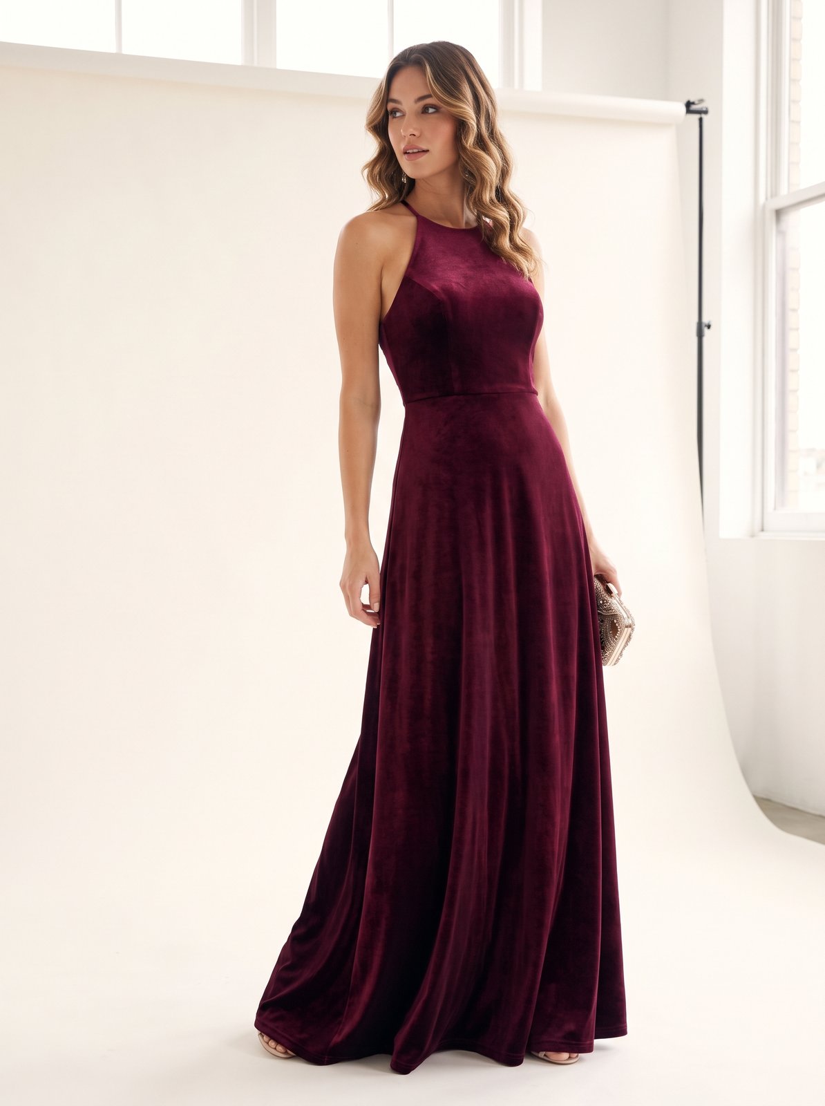 Wine halter Christmas party maxi dress by Riley Belle