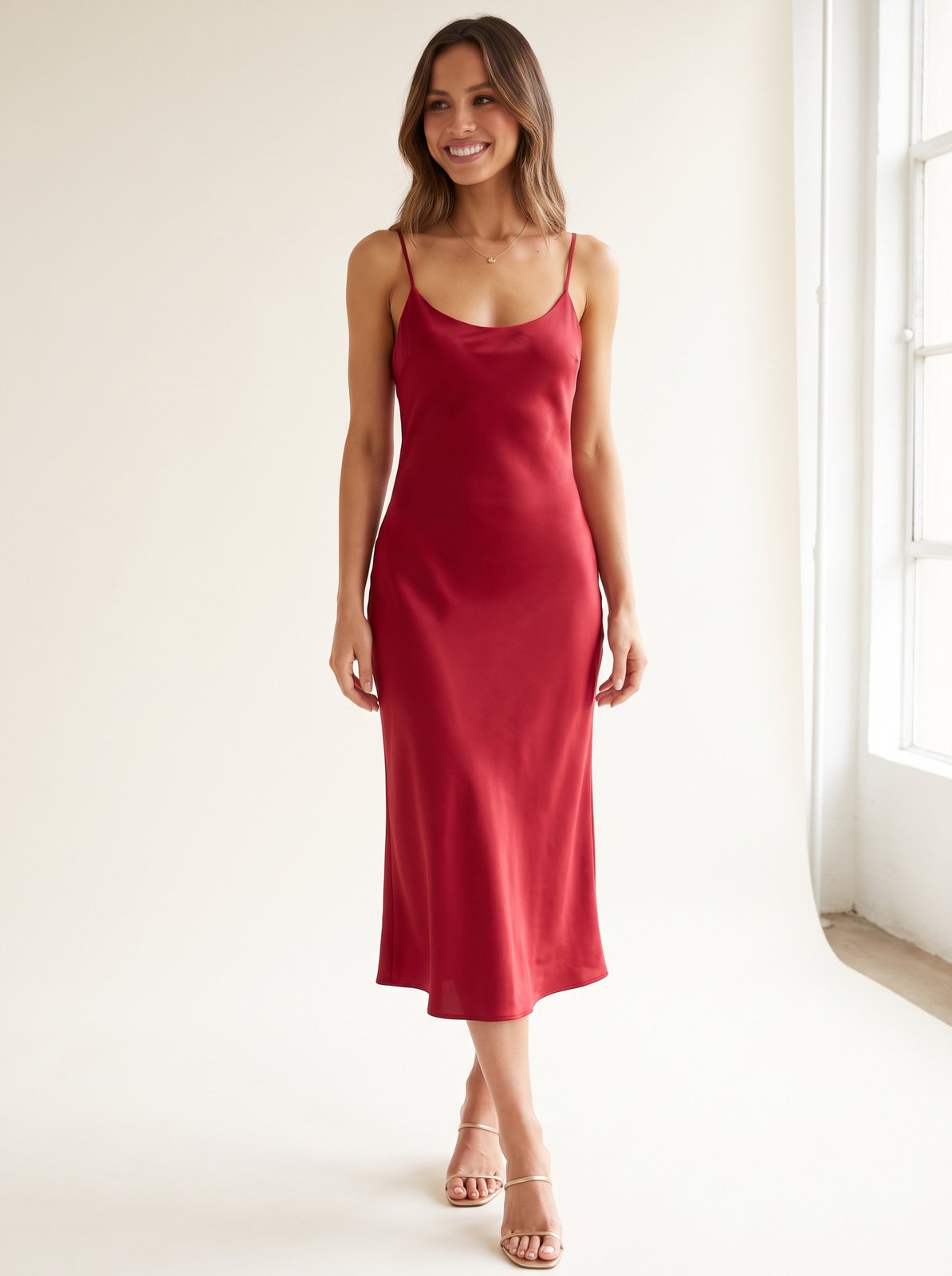 Cherry red satin Christmas party midi dress by Riley Belle