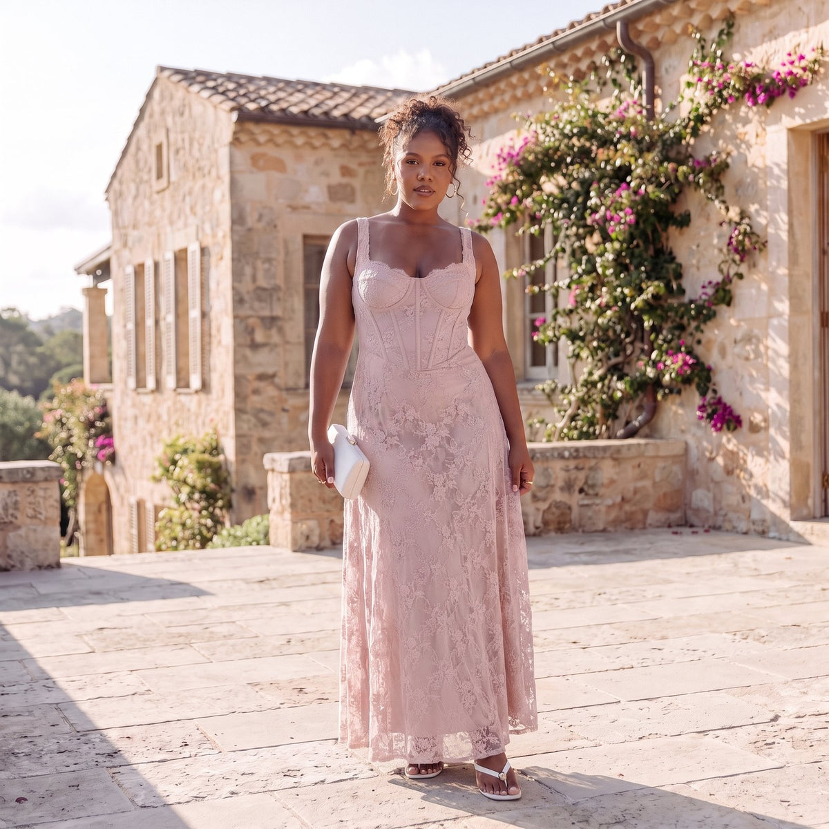 Arabella Blush Pink Lace Corset Wedding Guest Maxi Dress