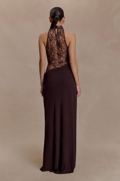 Teagan Elegant Cacao Chiffon Lace Halter Maxi Dress side view by Riley Belle