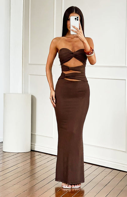 Noelle Chocolate Strapless Cut-Out Maxi Dress