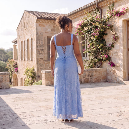 Delphine Cornflower Blue Lace Wedding Guest Maxi Dress
