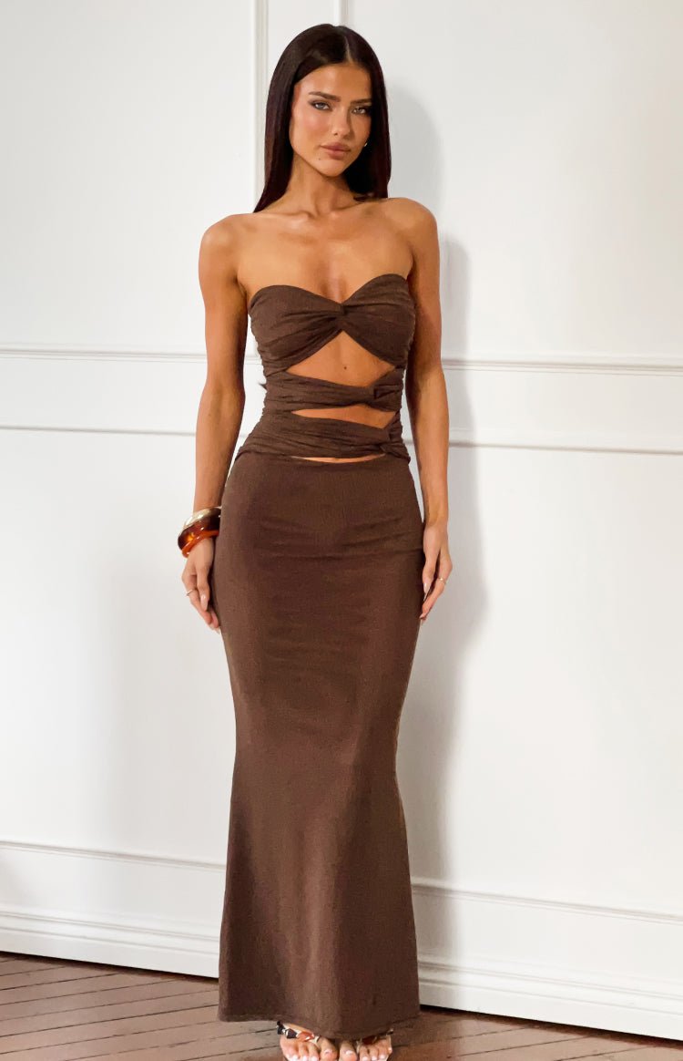 Noelle Chocolate Strapless Cut-Out Maxi Dress