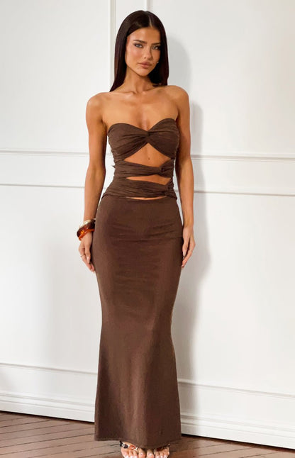 Noelle Chocolate Strapless Cut-Out Maxi Dress