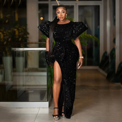 Giselle Black Sequin Puff-Sleeve Occasion Gown