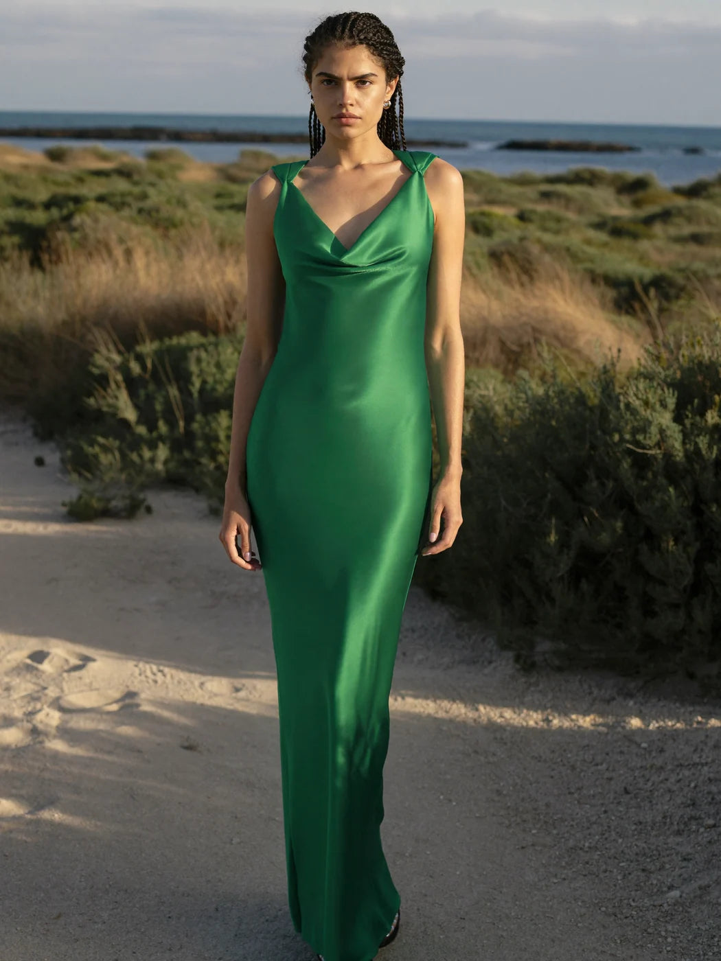 Harper Polished Emerald Green Cowl Neck Maxi Dress