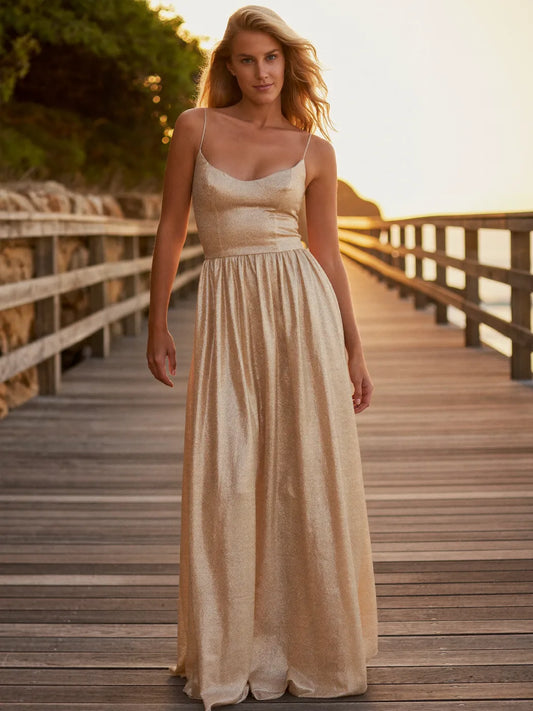 Matilda Luminous Champagne Shimmer Pleated Maxi Dress