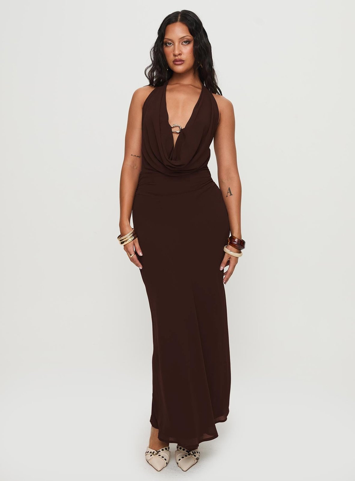 Noa Elegant Chocolate Cowl Neck High-Split Maxi Dress detail by Riley Belle
