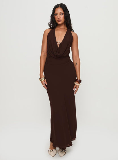 Noa Elegant Chocolate Cowl Neck High-Split Maxi Dress detail by Riley Belle
