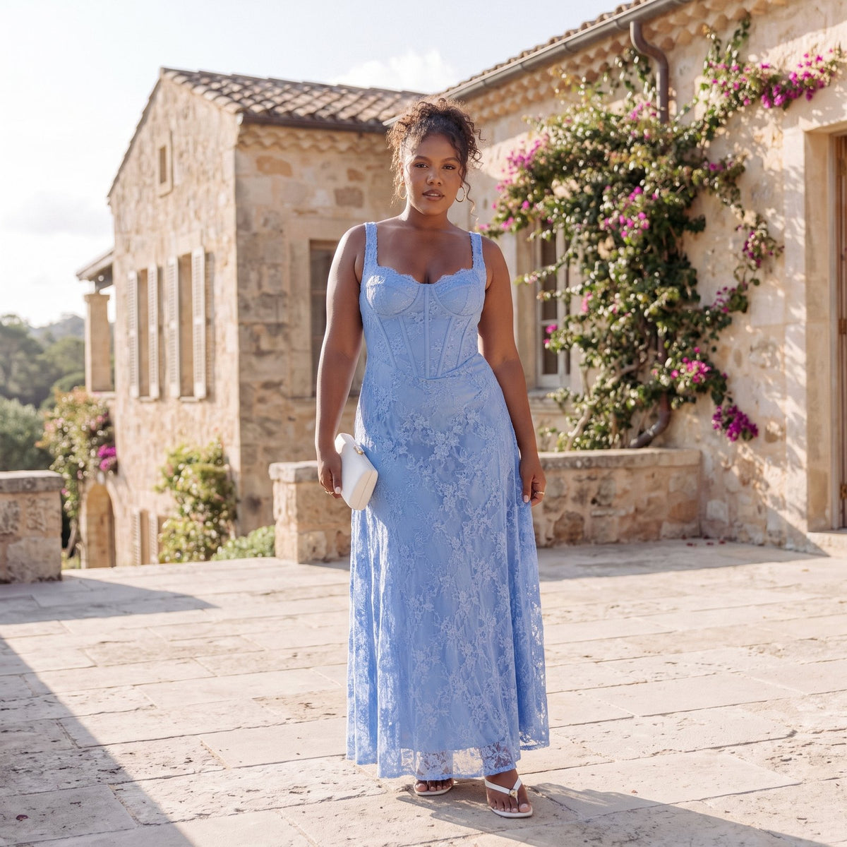 Delphine Cornflower Blue Lace Wedding Guest Maxi Dress
