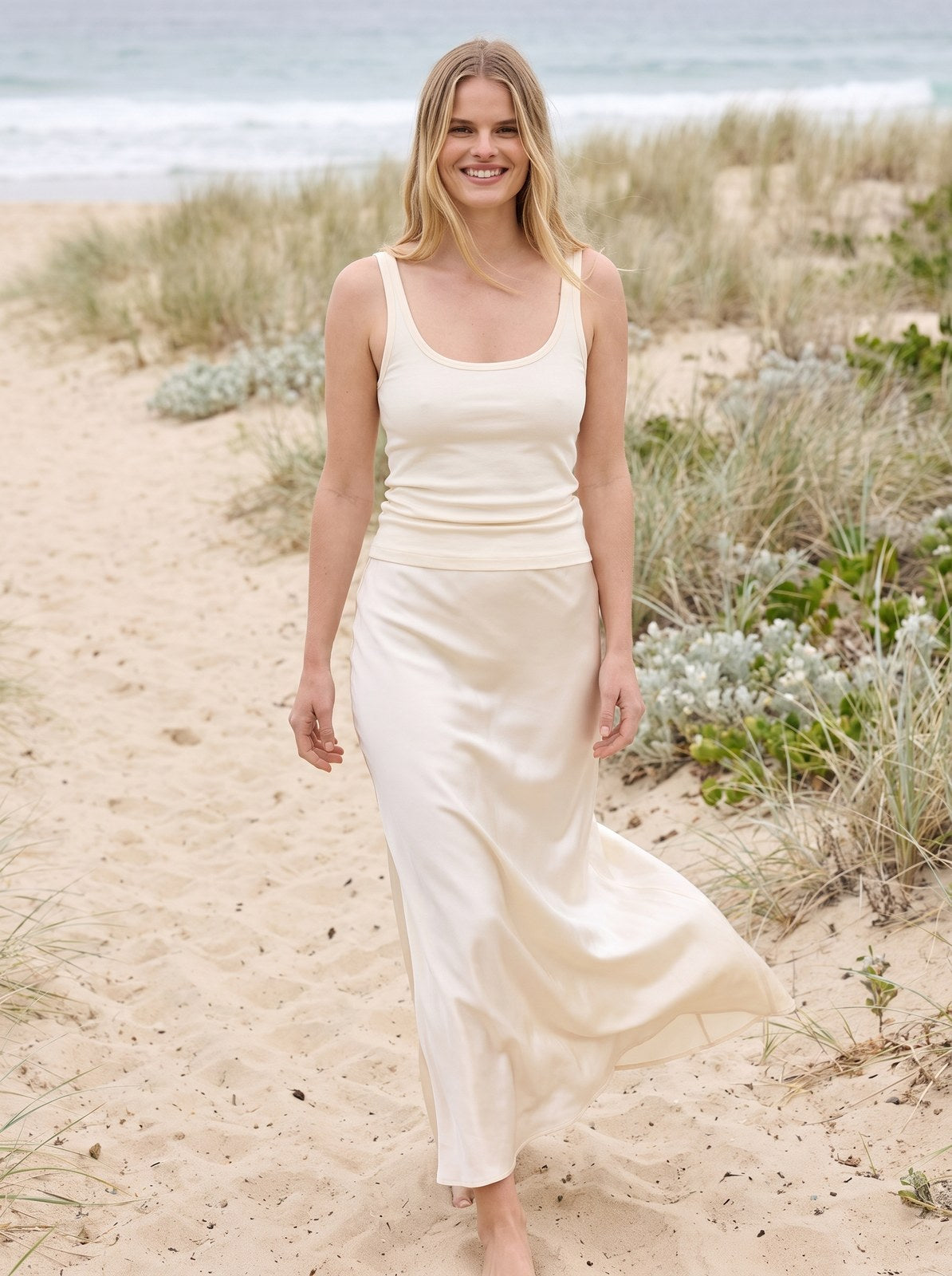 Alani Lustrous Cream Satin Midi Skirt by Riley Belle