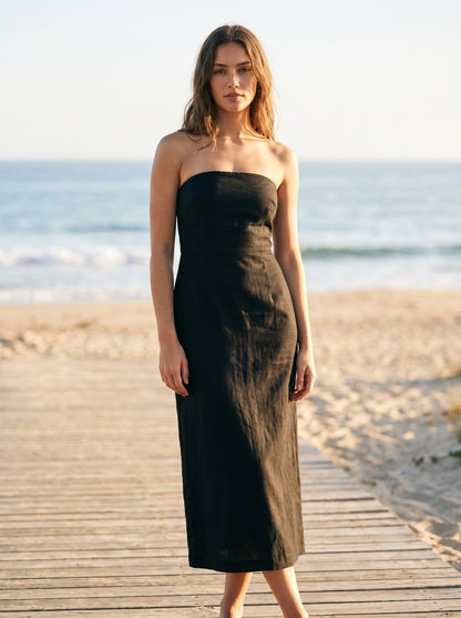 Black linen strapless midi dress by Riley Belle