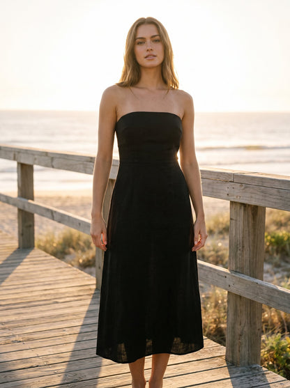 Black linen strapless midi dress by Riley Belle