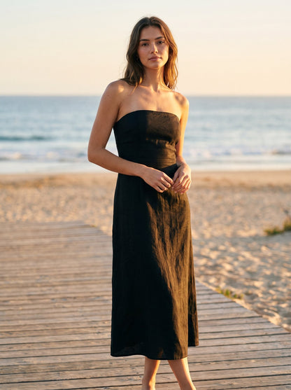 Black linen strapless midi dress by Riley Belle