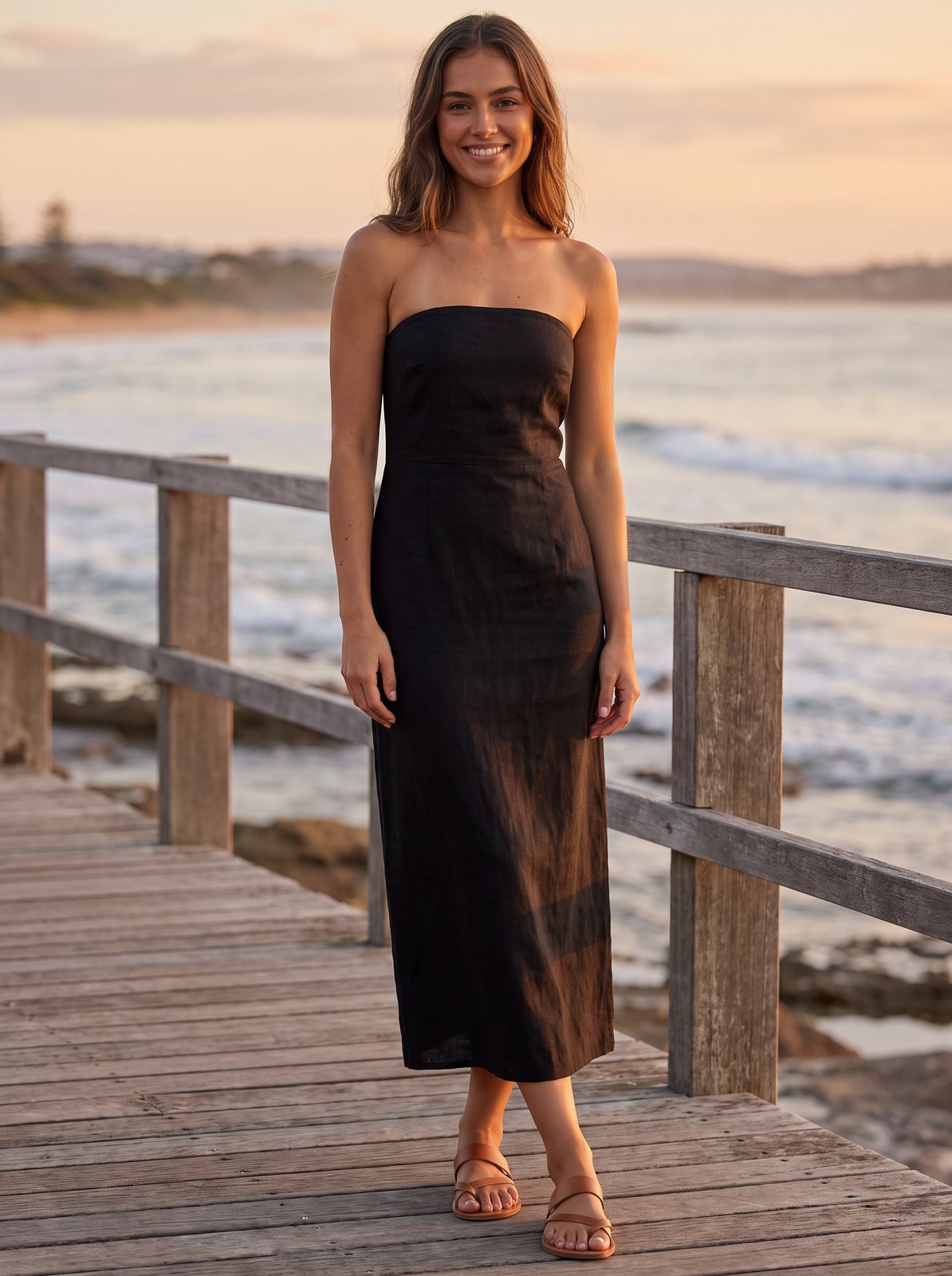 Black linen strapless midi dress by Riley Belle