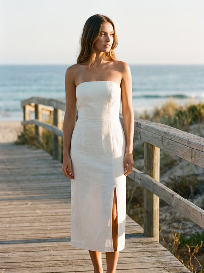 Ivory linen strapless midi dress by Riley Belle