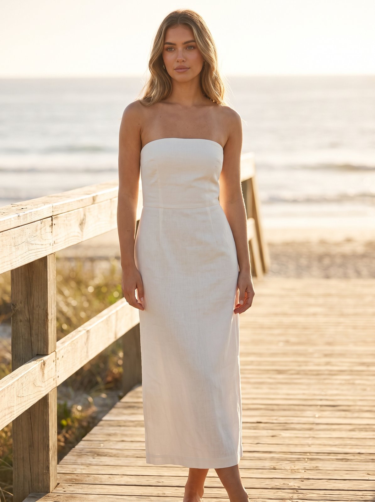 Ivory linen strapless midi dress by Riley Belle