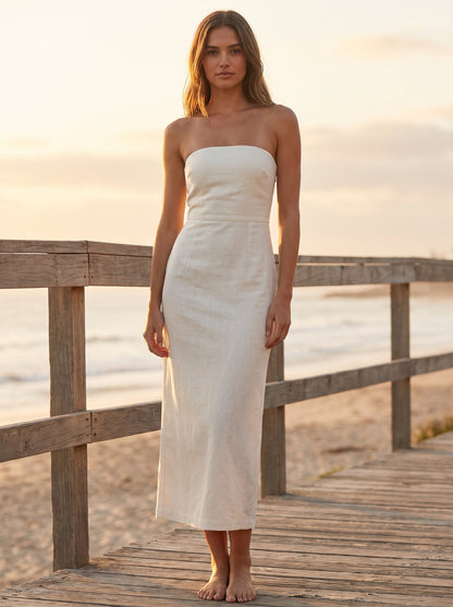 Ivory linen strapless midi dress by Riley Belle