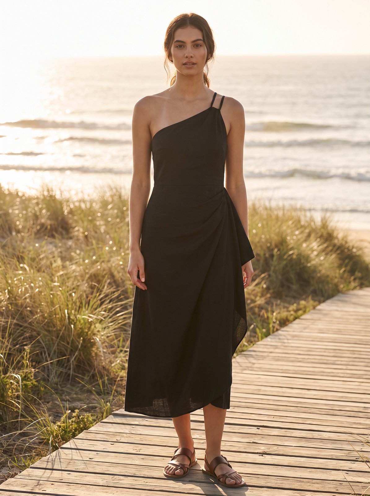 Black one shoulder wedding guest midi dress by Riley Belle