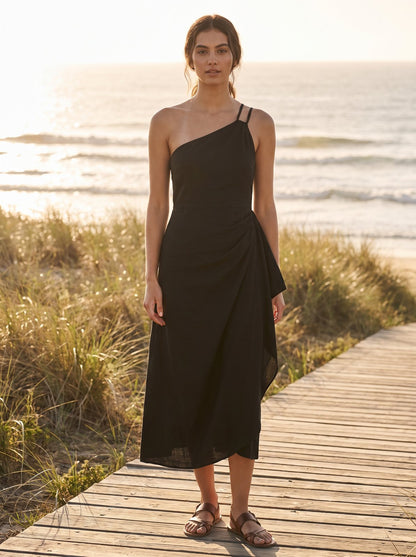 Black one shoulder wedding guest midi dress by Riley Belle