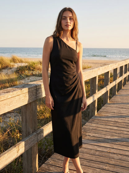 Black one shoulder wedding guest midi dress by Riley Belle