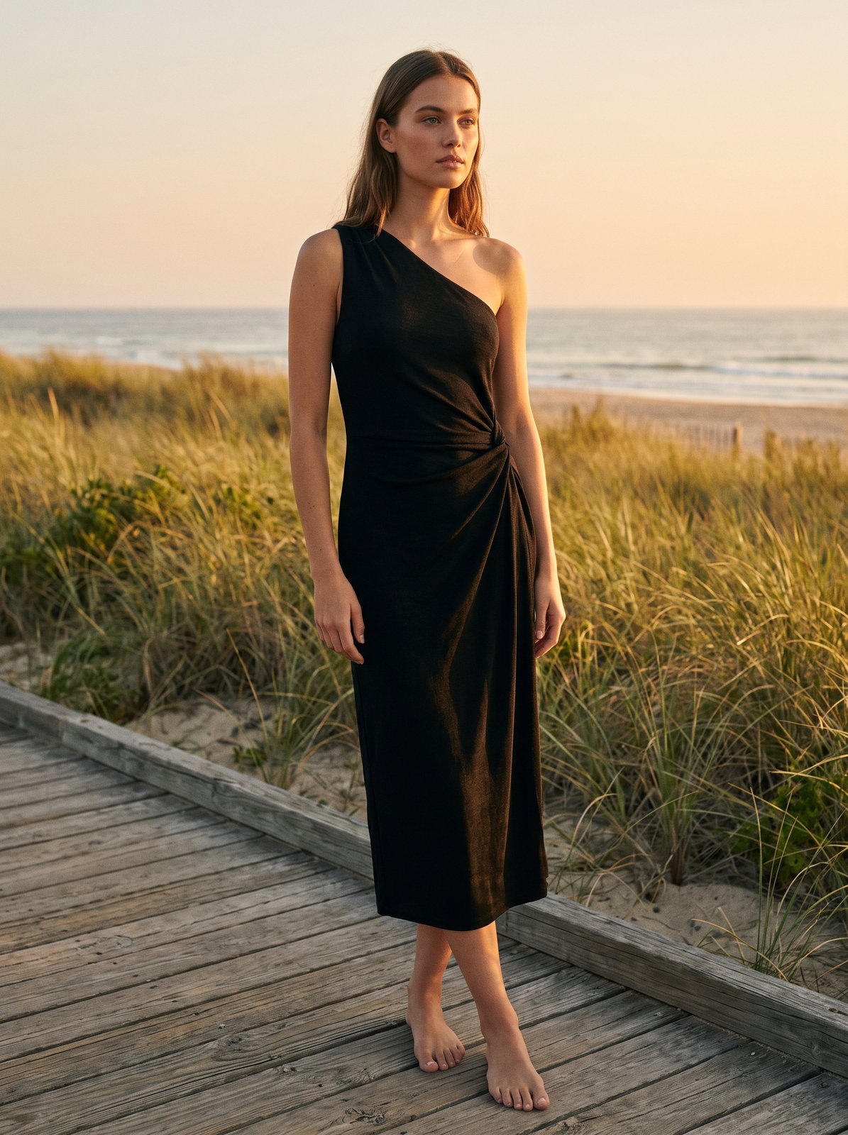 Black one shoulder wedding guest midi dress by Riley Belle