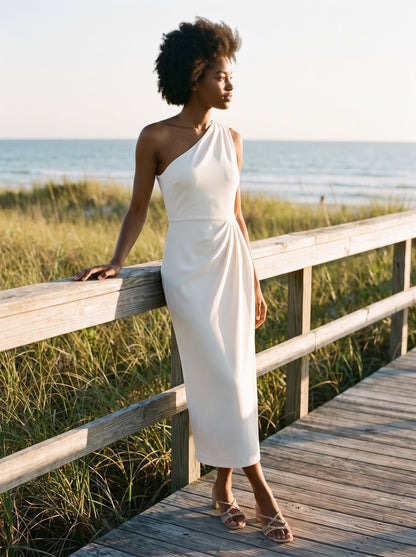 Ivory one shoulder wedding guest midi dress by Riley Belle
