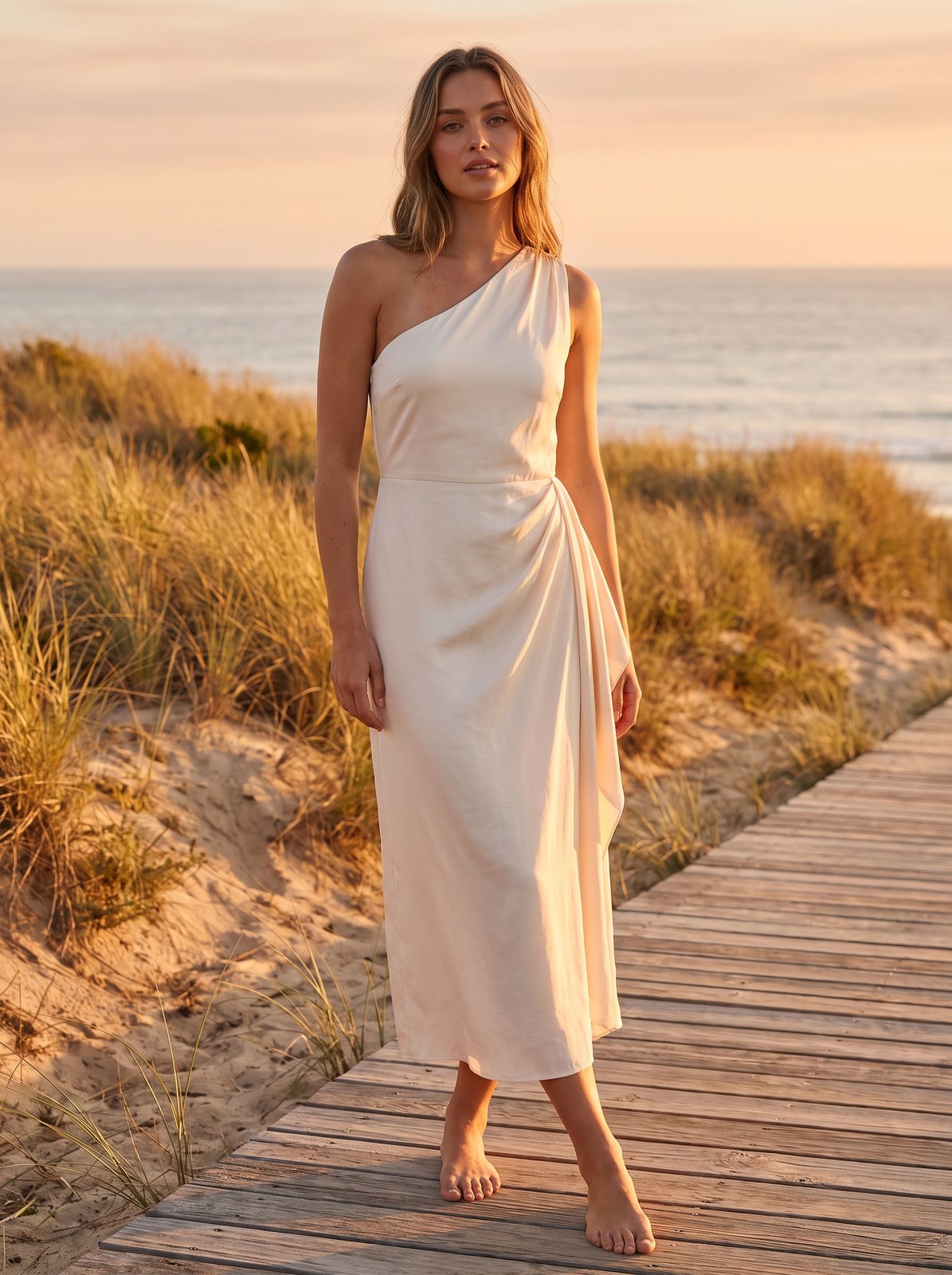 Ivory one shoulder wedding guest midi dress by Riley Belle