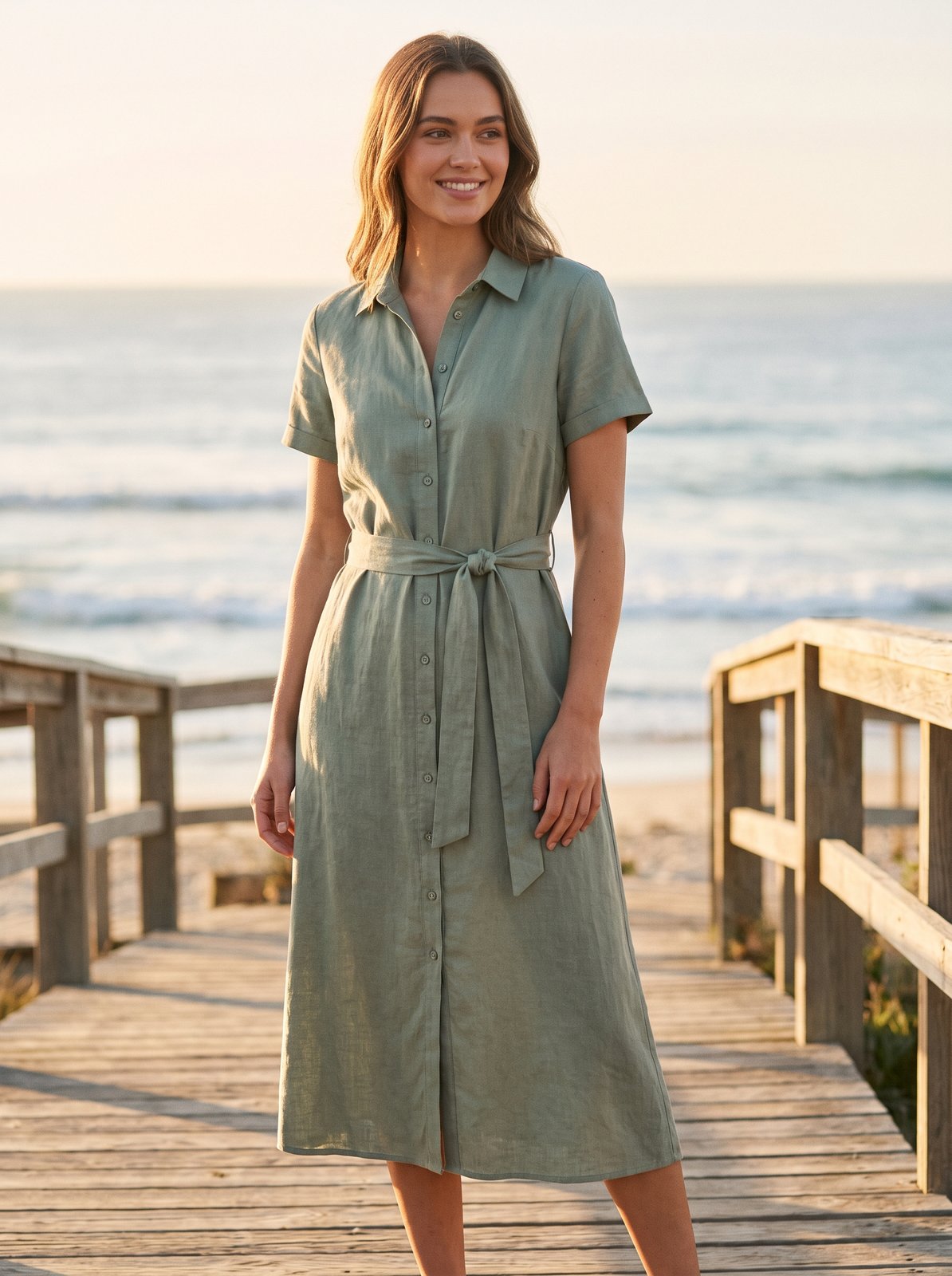 Sage green linen shirt midi dress by Riley Belle