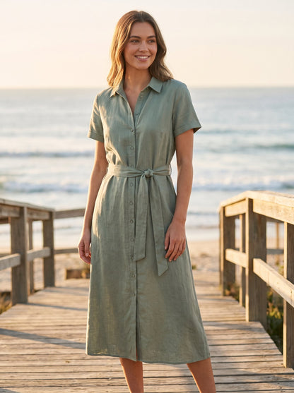 Sage green linen shirt midi dress by Riley Belle