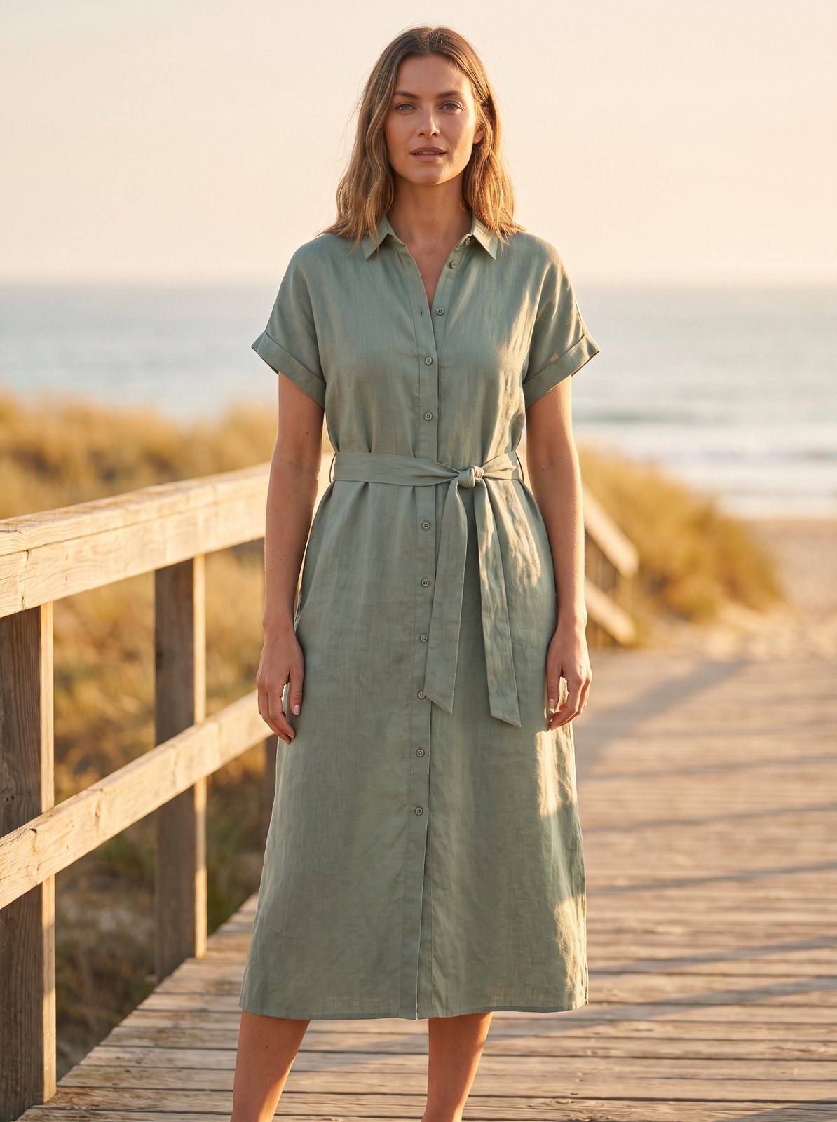 Sage green linen shirt midi dress by Riley Belle