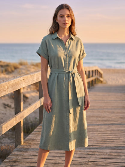 Sage green linen shirt midi dress by Riley Belle