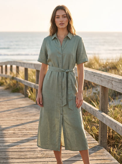 Sage green linen shirt midi dress by Riley Belle