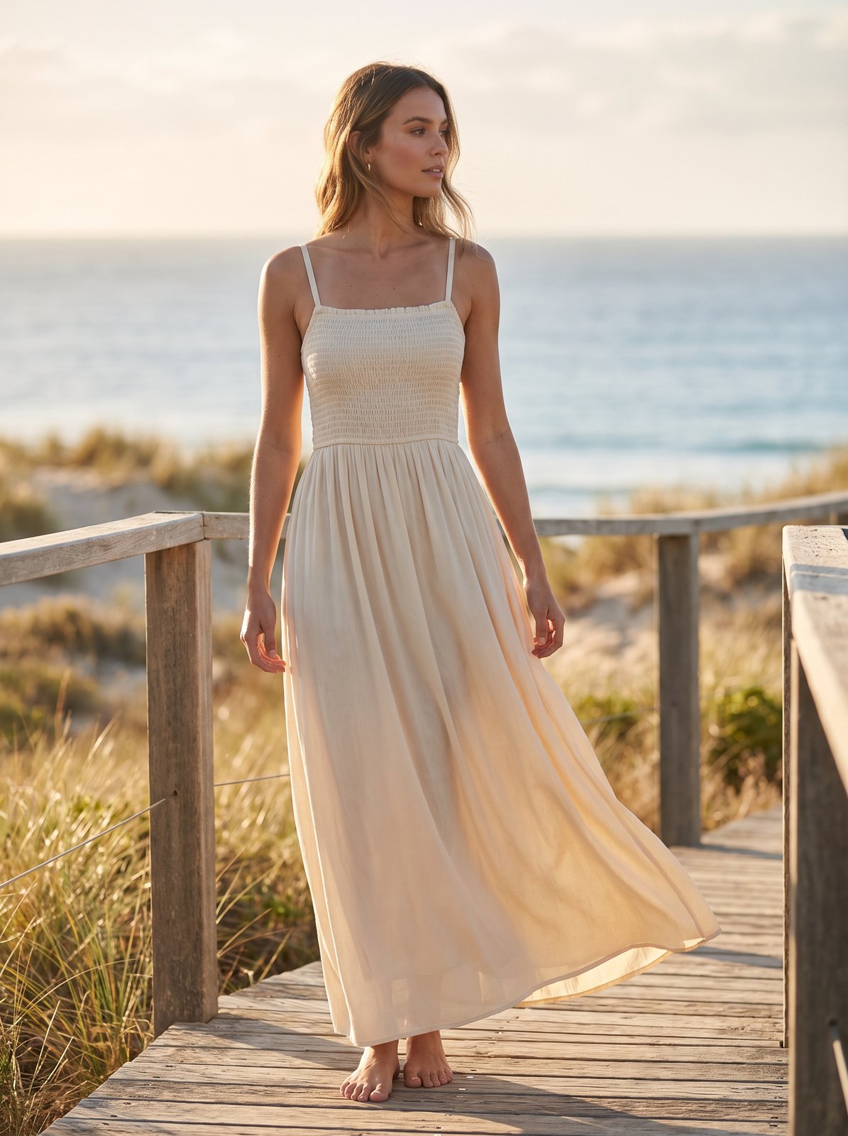 Cream shirred summer maxi dress by Riley Belle