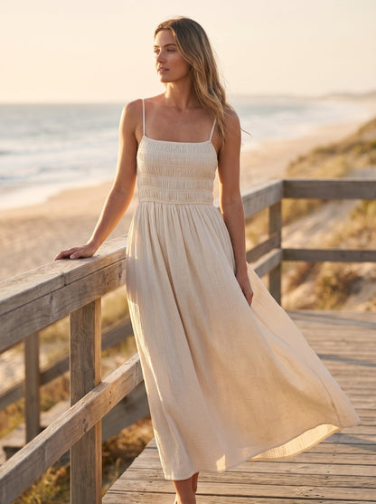 Cream shirred summer maxi dress by Riley Belle