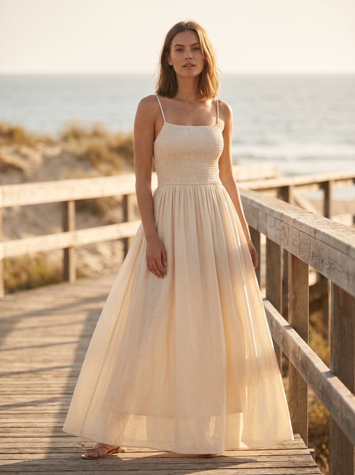 Cream shirred summer maxi dress by Riley Belle