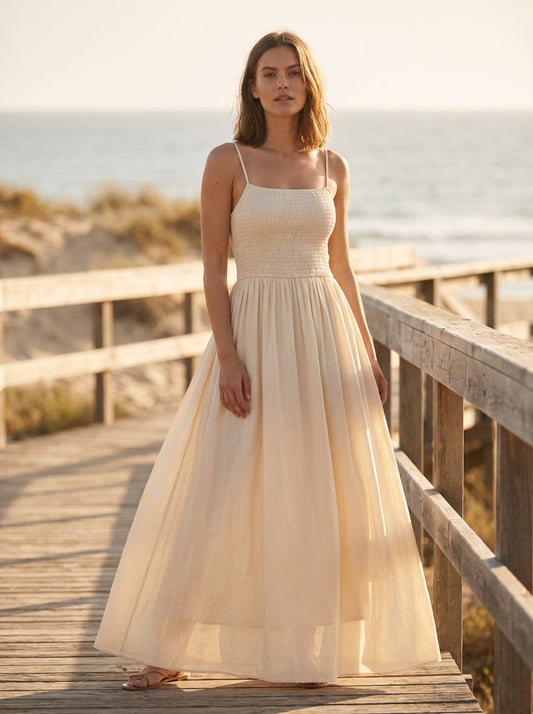 Cream shirred summer maxi dress by Riley Belle