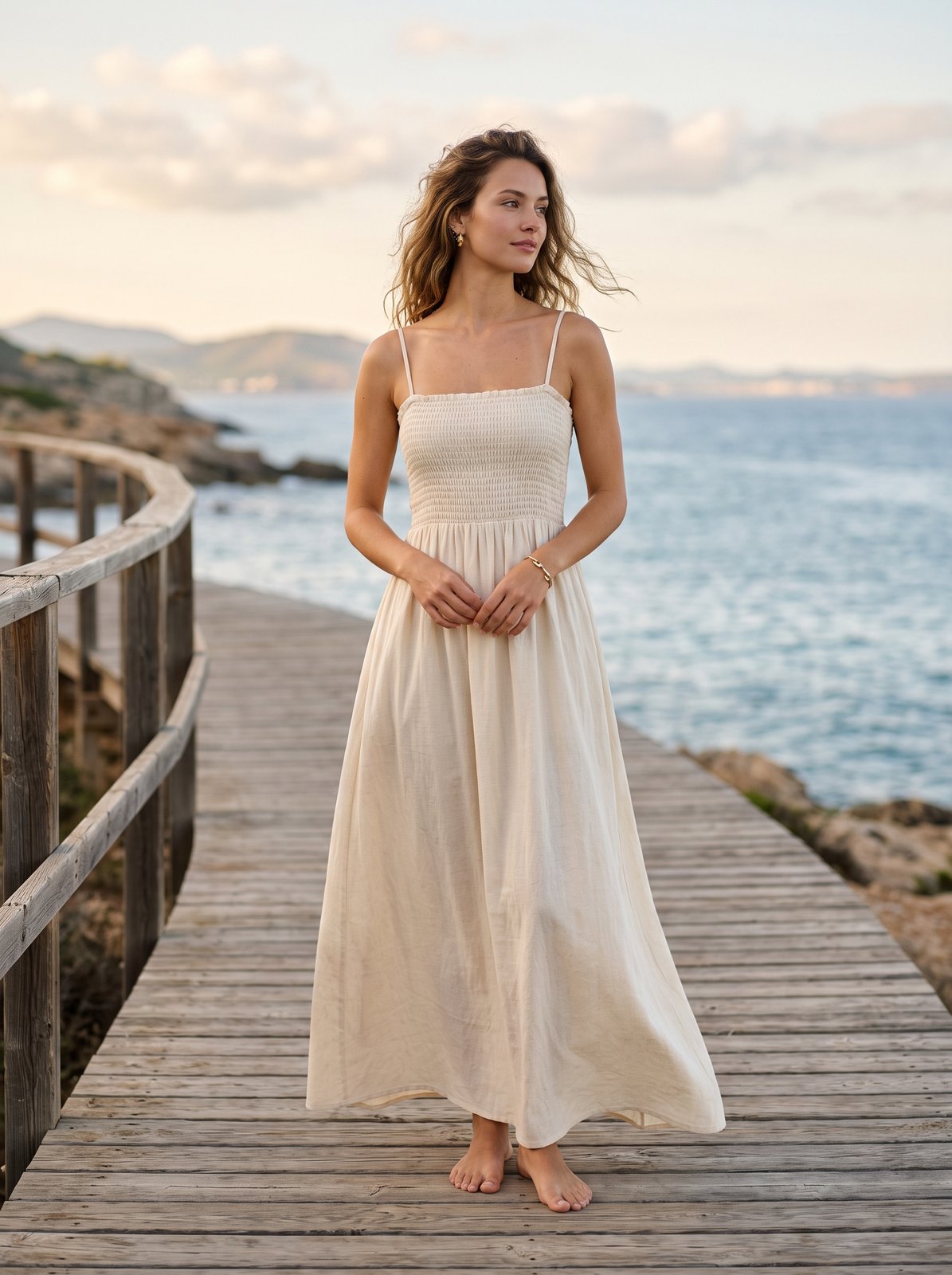 Cream shirred summer maxi dress by Riley Belle