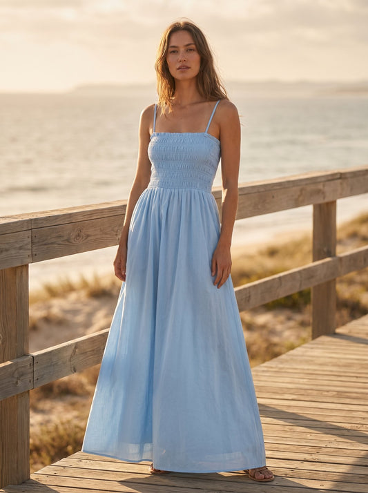 Sky blue shirred summer maxi dress by Riley Belle