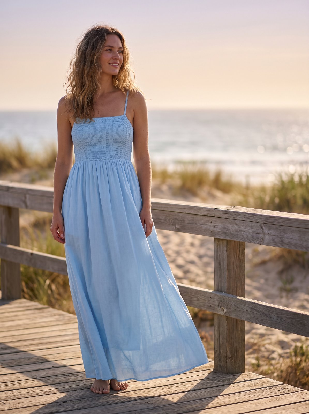 Sky blue shirred summer maxi dress by Riley Belle