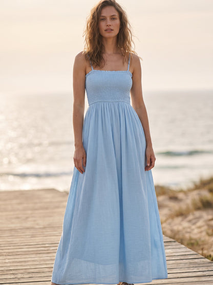 Sky blue shirred summer maxi dress by Riley Belle